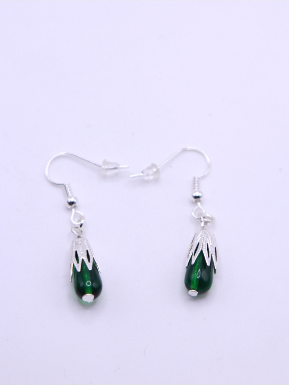 Hypoallergenic Silver tone & Czech Green Teardrop Glass Dangle Earrings